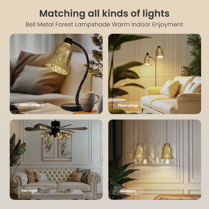 Collage of Bell Metal Forest Lampshade in various indoor settings