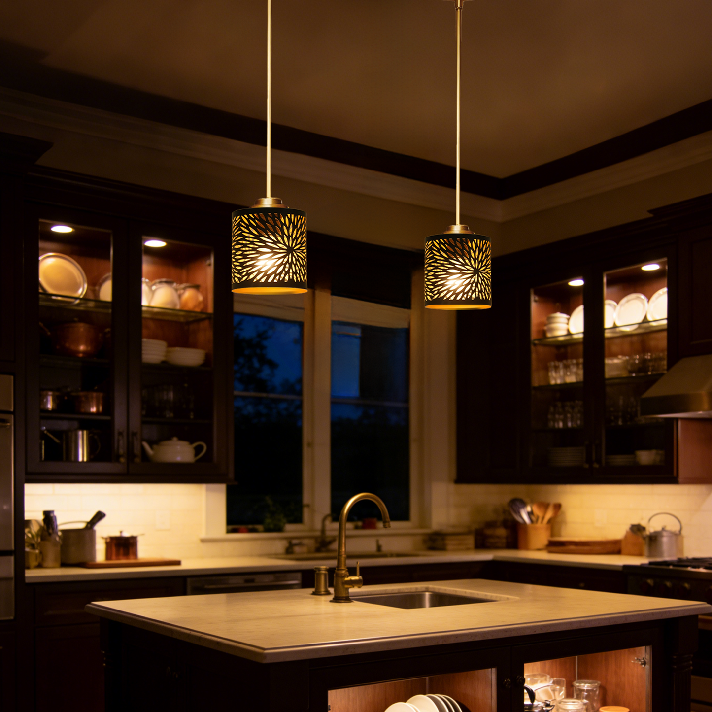 Bronze Gold Hollow-Out Sunburst Etched Metal Drum Shade | Adjustable Rod | E26 Max 60W | Modern Boho Kitchen Dining Lamp