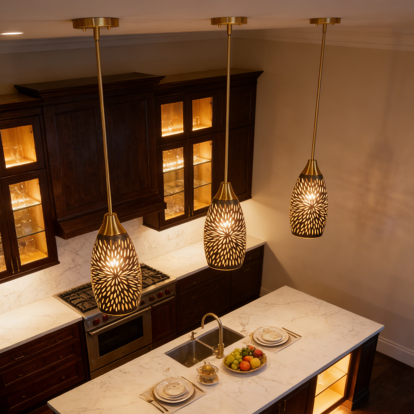 Gold Teardrop Pendant Light | Flame Petal Hollow-Out Etched Metal Shade | Adjustable Height | E26 Max 60W | Luxury Boho Entryway Accent Lamp
