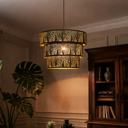 3-Tier Drum Pendant Light | Forest Tree Branch Hollow-Out Metal Shade | Adjustable Height | E26 Max 60W | Boho Farmhouse Chandelier