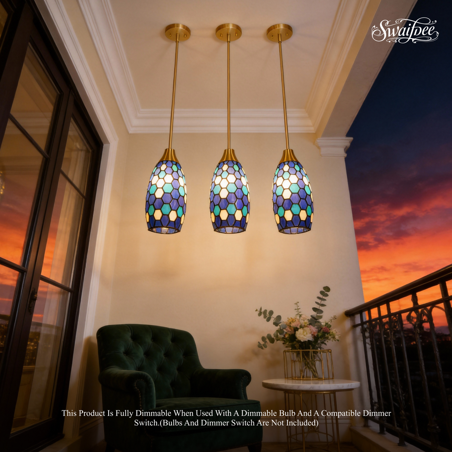Blue Green Tiffany-Style Teardrop Pendant Light | Honeycomb Mosaic Metal Shade | Gold Base | E26 Max 60W | Boho Mediterranean Bedroom Lamp