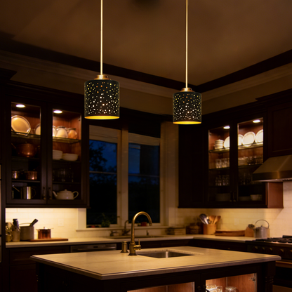 Industrial Black Gold Cylinder Pendant Light | Star Hollow-Out Metal Drum Shade | Height Adjustable | E26 | Kitchen Island Bar Lamp