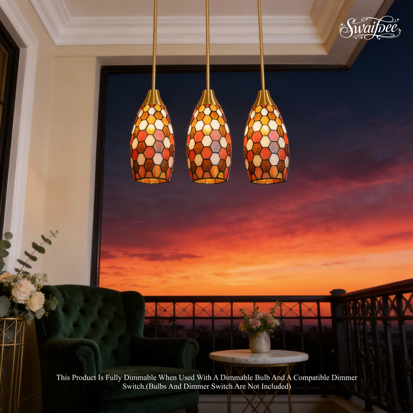 Amber Red Tiffany-Style Teardrop Pendant Light | Honeycomb Mosaic Metal Shade | Gold Base | E26 Max 60W | Vintage Warm Dining Room Lamp