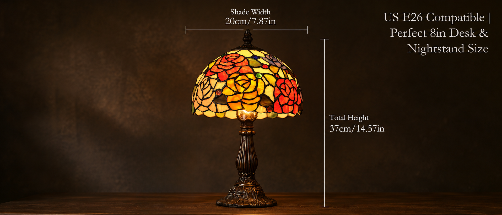 8 inch Tiffany table lamp size guide showing compact dimensions designed for desks, nightstands and bedside spaces