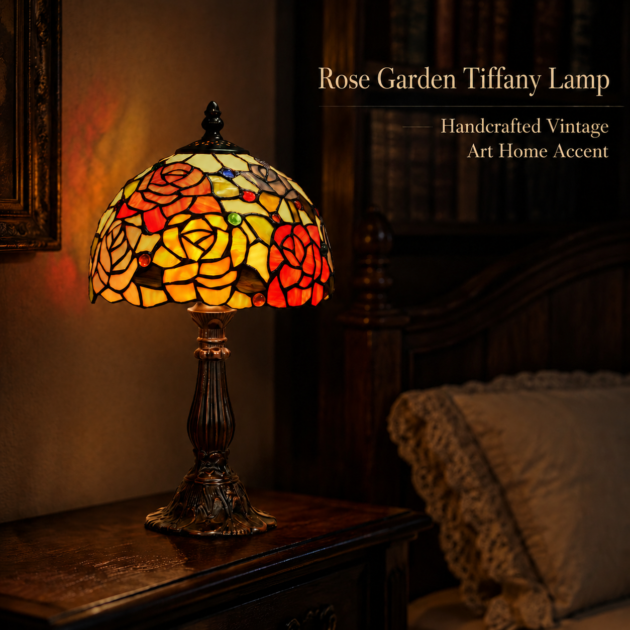 8 inch Tiffany Rose Lamp with handmade stained glass floral shade and vintage bronze base for bedroom bedside table decor