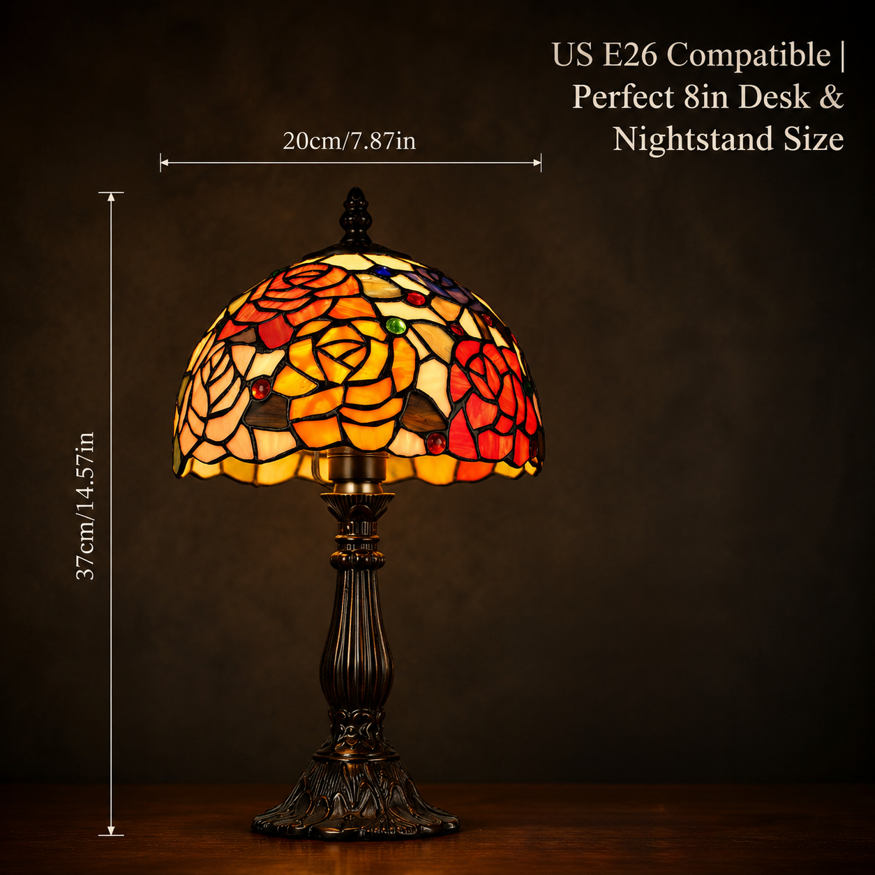 8 inch Tiffany stained glass lamp size guide showing compact dimensions for bedside table and nightstand placement