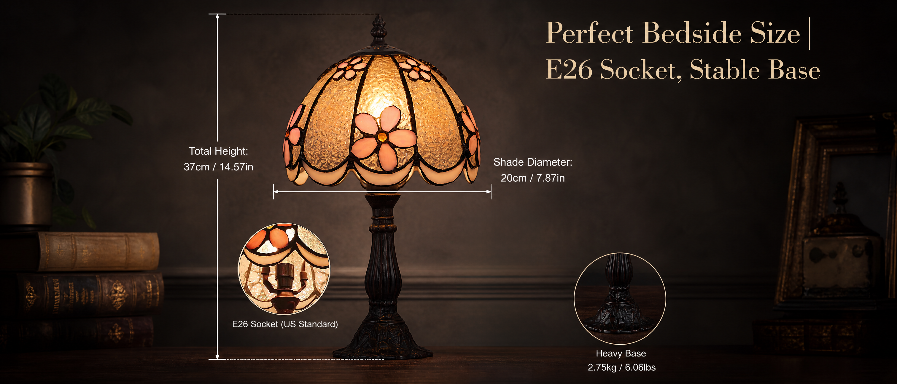 8-inch Tiffany style bedside lamp size guide showing 7.87 inch shade diameter, 14.57 inch height, E26 socket and stable base