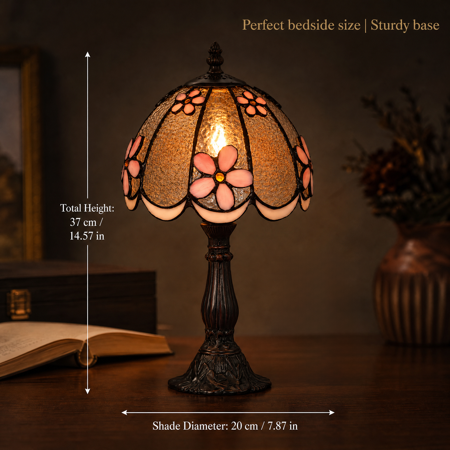 8-inch Tiffany style bedside lamp size guide showing 7.87 inch shade diameter and 14.57 inch overall height