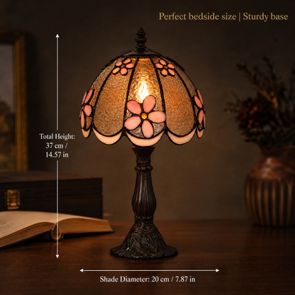 8-inch Tiffany style bedside lamp size guide showing 7.87 inch shade diameter and 14.57 inch overall height