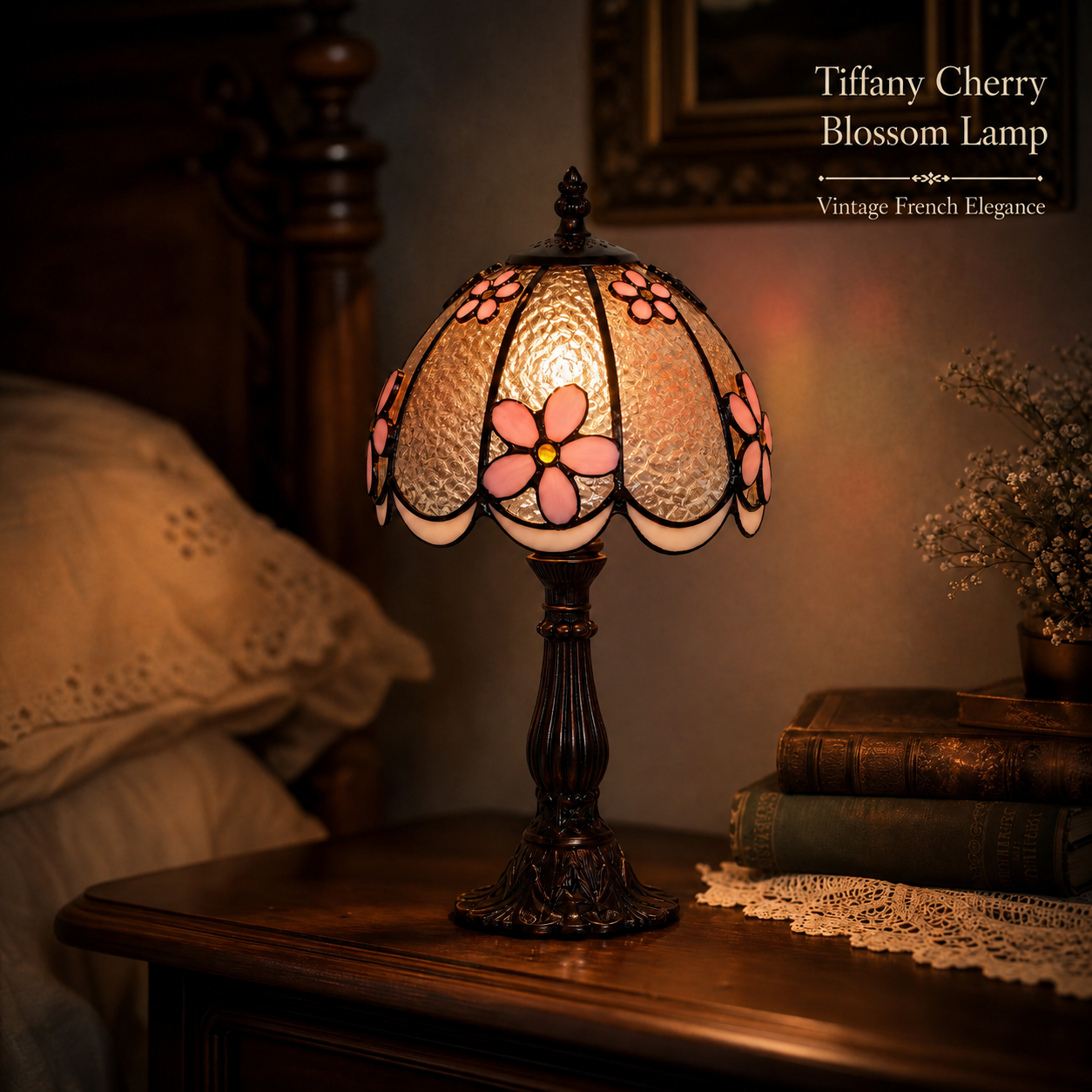 8-inch Tiffany style bedside lamp with pink floral stained glass shade on a vintage bedroom nightstand