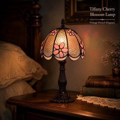 8-inch Tiffany style bedside lamp with pink floral stained glass shade on a vintage bedroom nightstand