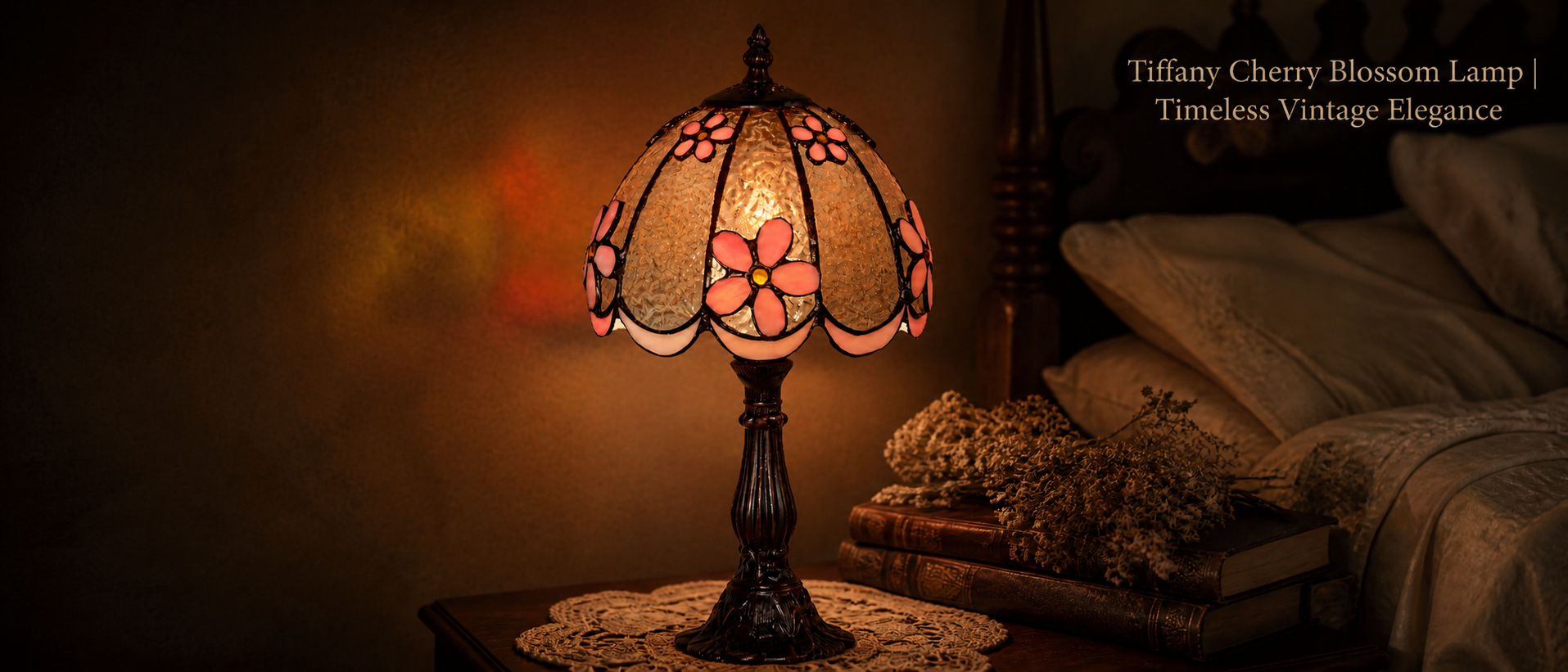 8-inch Tiffany style bedside lamp with pink floral stained glass shade creating a warm glow on a vintage bedroom nightstand