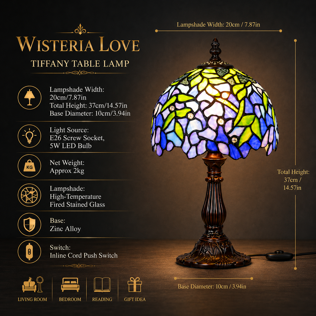 8 inch Tiffany style wisteria table lamp with blue and purple stained glass shade, vintage zinc alloy base and E26 socket