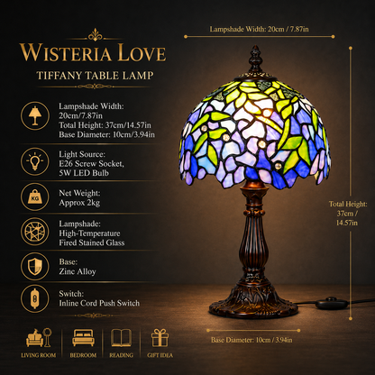 8 inch Tiffany style wisteria table lamp with blue and purple stained glass shade, vintage zinc alloy base and E26 socket