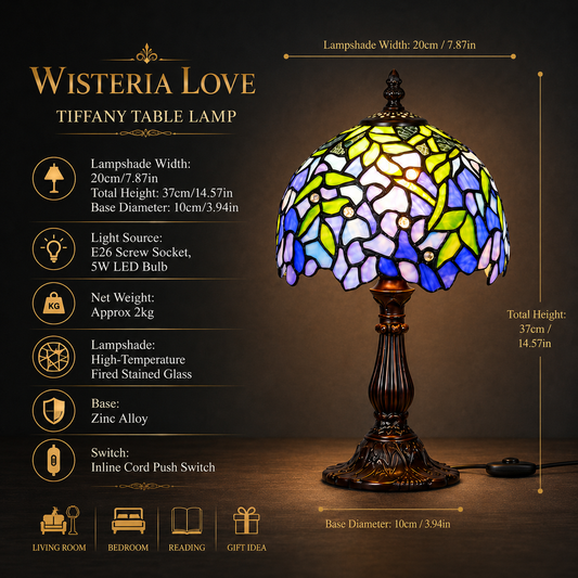 8 inch Tiffany style wisteria table lamp with blue and purple stained glass shade, vintage zinc alloy base and E26 socket