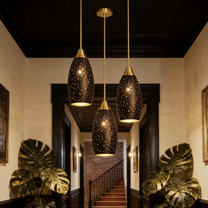 Industrial Gold Teardrop Pendant Light | Starry Hollow-Out Etched Metal Shade | Gold Black | Height Adjustable | E26 Max 60W | Kitchen Bar Café Hanging Lamp