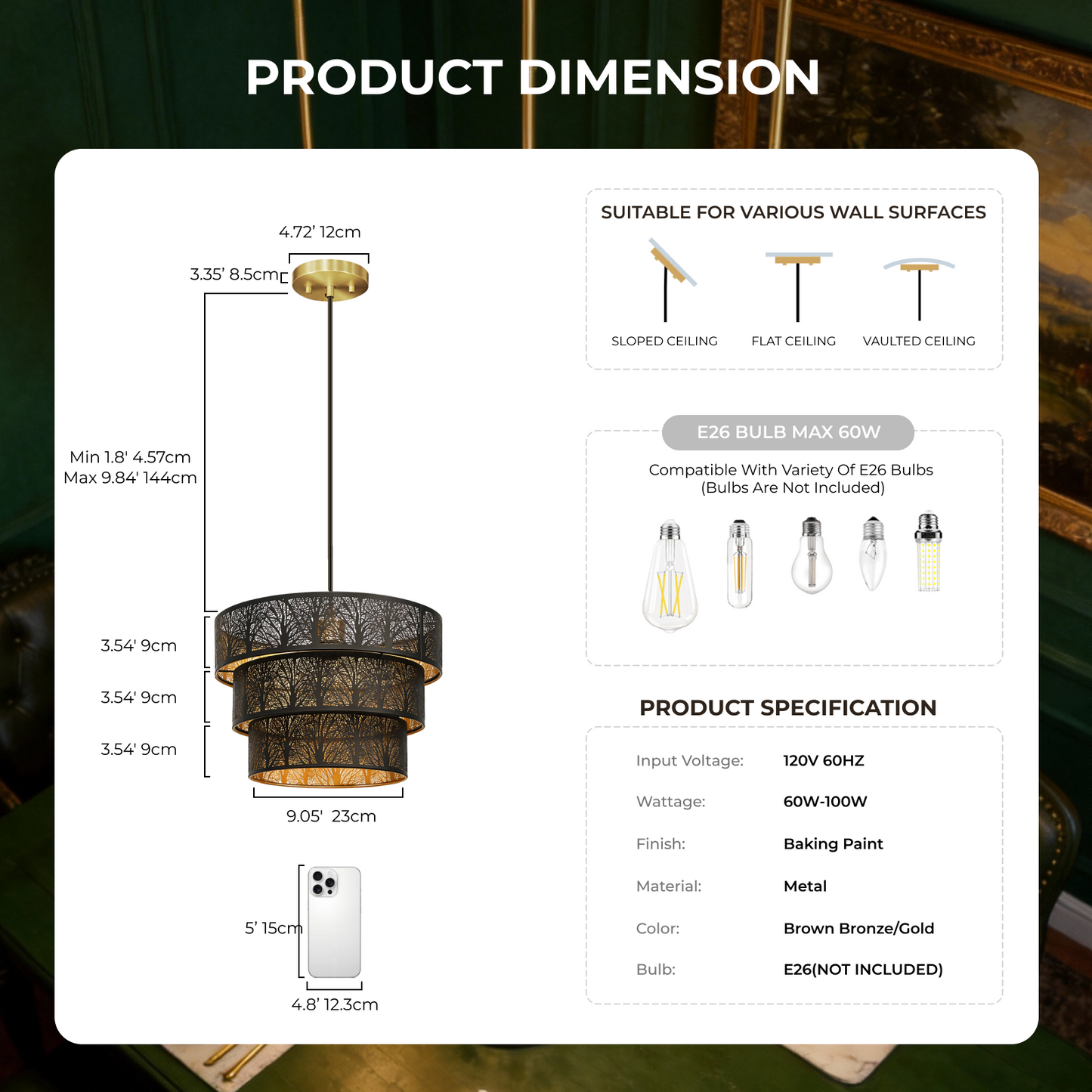 3-Tier Drum Pendant Light | Black Gold Forest Tree Branch Hollow-Out Metal Shade | Multi-Ceiling Compatible | E26 Max 60W | Modern Boho Chandelier