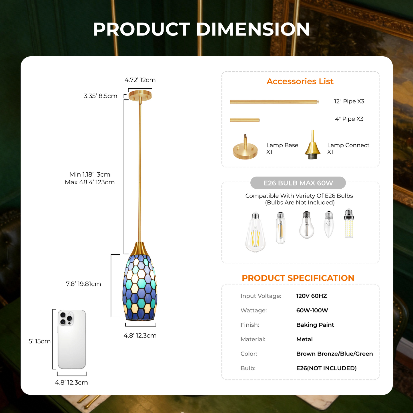 Blue Green Tiffany-Style Teardrop Pendant Light | Honeycomb Mosaic Metal Shade | Gold Base | E26 Max 60W | Boho Mediterranean Bedroom Lamp