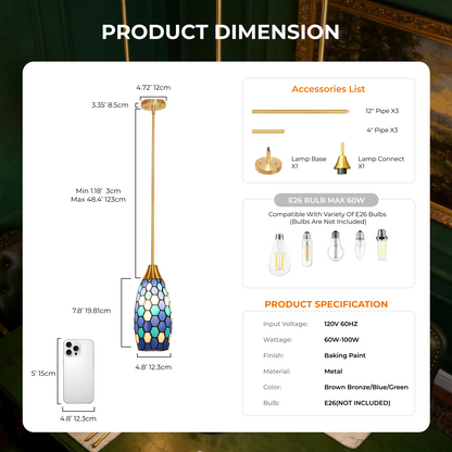 Blue Green Tiffany-Style Teardrop Pendant Light | Honeycomb Mosaic Metal Shade | Gold Base | E26 Max 60W | Boho Mediterranean Bedroom Lamp