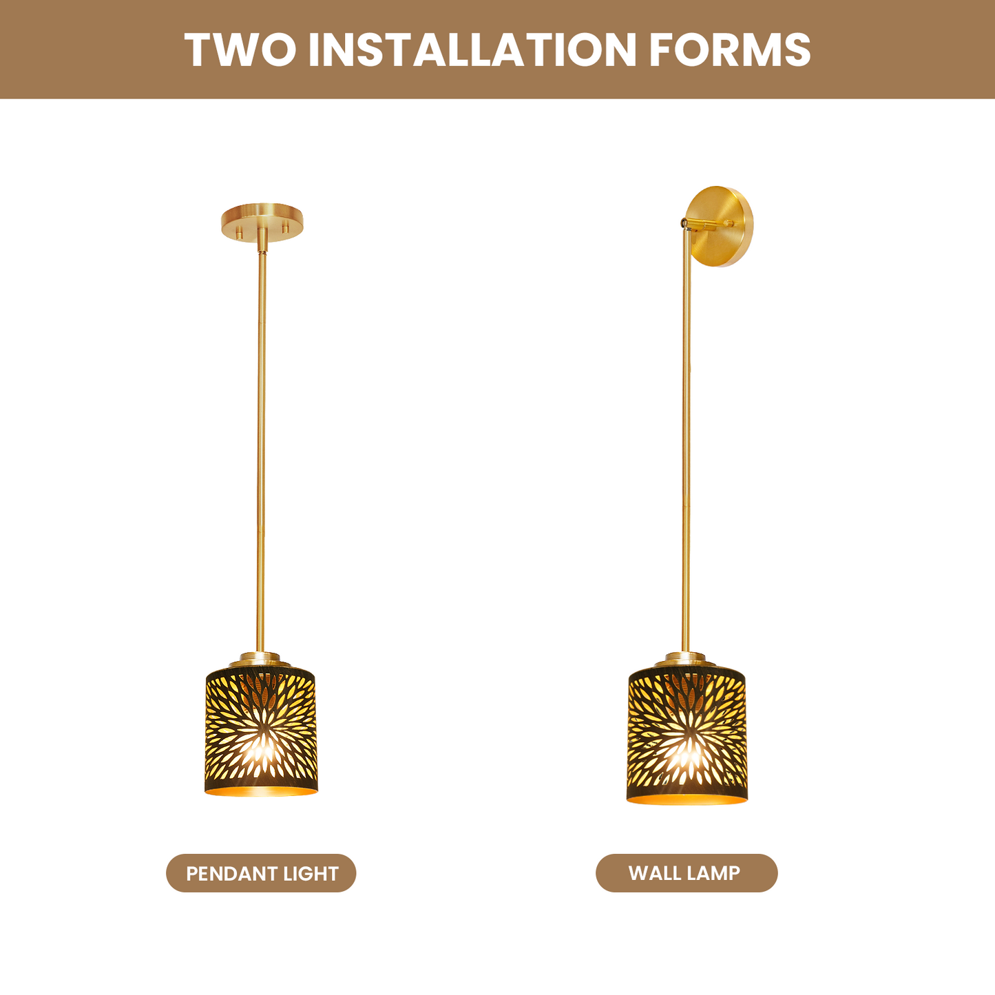 Sunburst Drum Pendant Light | Firework Hollow-Out Etched Metal Shade | Gold Bronze | Adjustable Height | E26 Max 60W | Boho Art Deco Ceiling Lamp Description