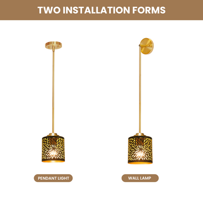 Sunburst Drum Pendant Light | Firework Hollow-Out Etched Metal Shade | Gold Bronze | Adjustable Height | E26 Max 60W | Boho Art Deco Ceiling Lamp Description