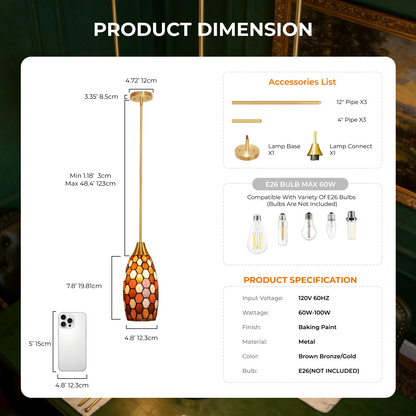 Amber Red Tiffany-Style Teardrop Pendant Light | Honeycomb Mosaic Metal Shade | Gold Base | E26 Max 60W | Vintage Warm Dining Room Lamp
