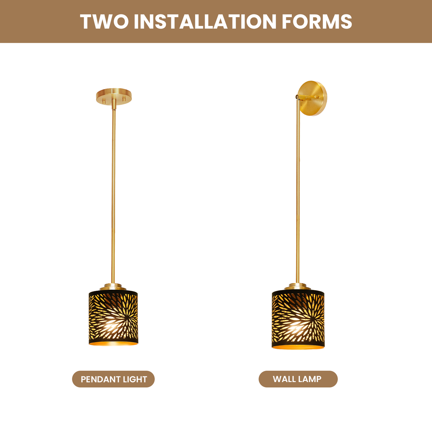 Bronze Gold Hollow-Out Sunburst Etched Metal Drum Shade | Adjustable Rod | E26 Max 60W | Modern Boho Kitchen Dining Lamp