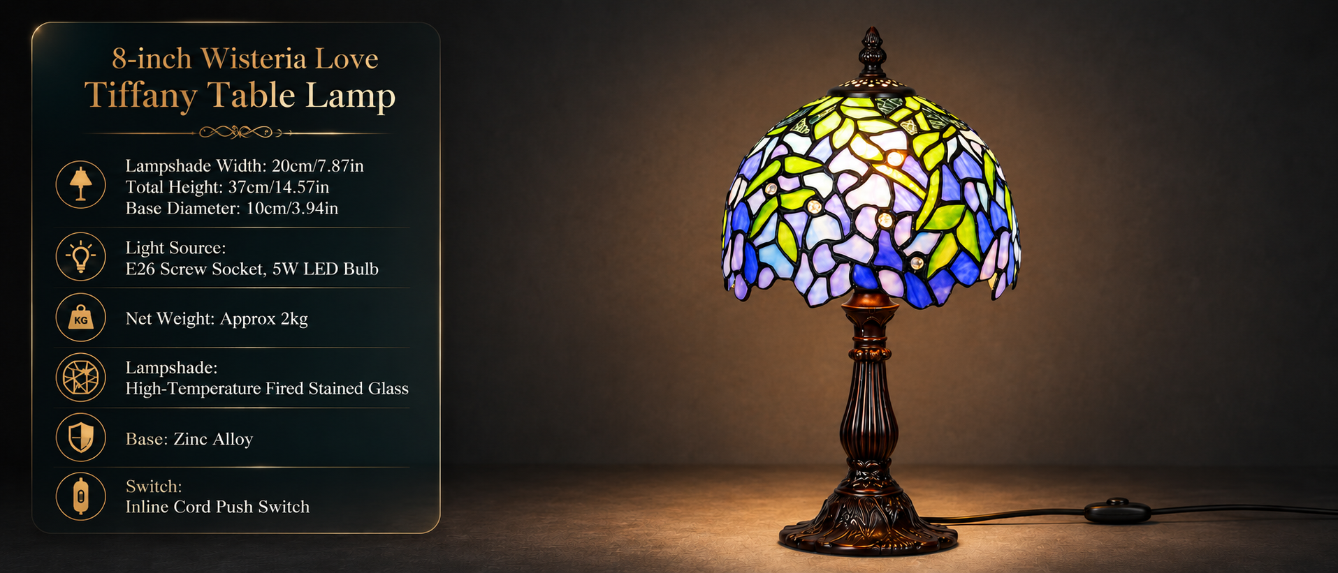 8 inch Tiffany style wisteria table lamp with 20 cm stained glass shade, 37 cm height, E26 socket and vintage zinc alloy base