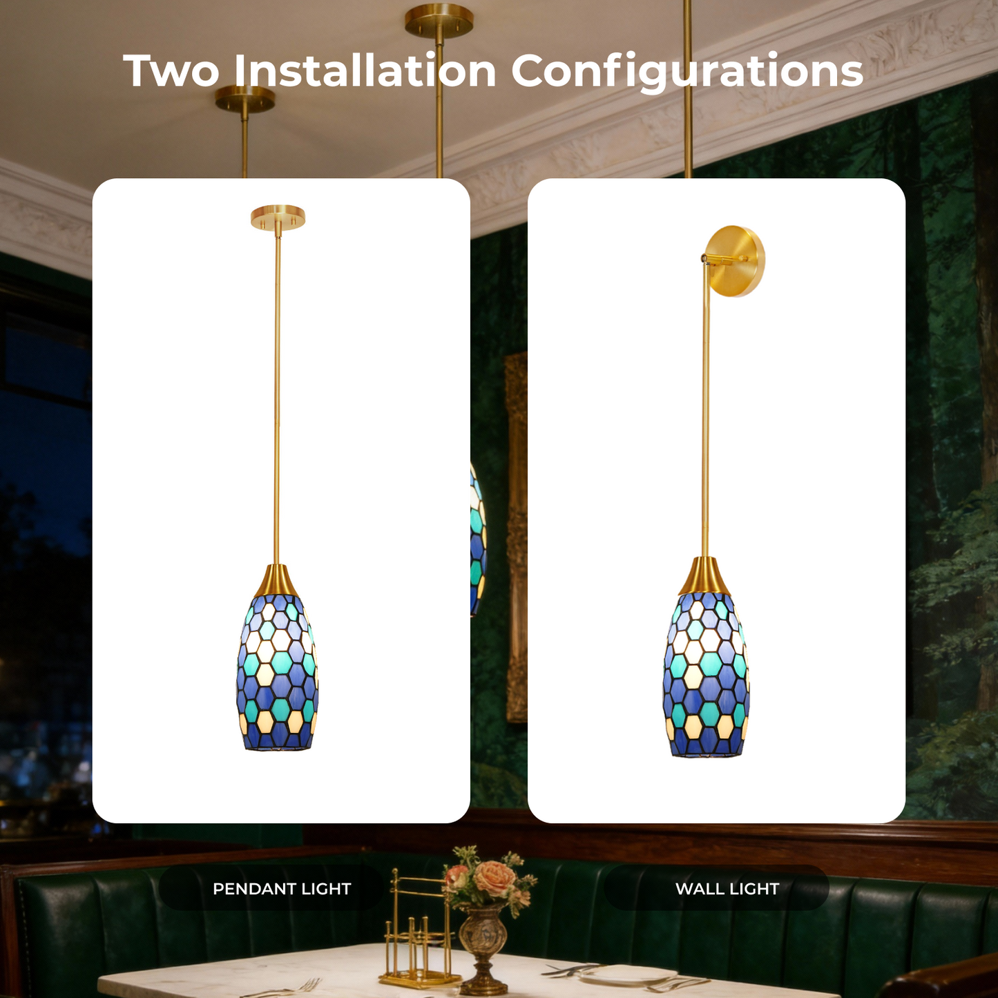 Blue Green Tiffany-Style Teardrop Pendant Light | Honeycomb Mosaic Metal Shade | Gold Base | E26 Max 60W | Boho Mediterranean Bedroom Lamp