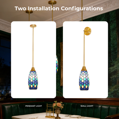 Blue Green Tiffany-Style Teardrop Pendant Light | Honeycomb Mosaic Metal Shade | Gold Base | E26 Max 60W | Boho Mediterranean Bedroom Lamp
