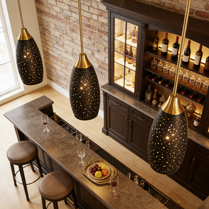 Industrial Gold Teardrop Pendant Light | Starry Hollow-Out Etched Metal Shade | Gold Black | Height Adjustable | E26 Max 60W | Kitchen Bar Café Hanging Lamp