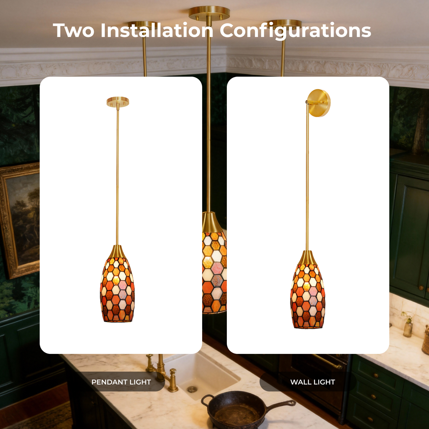 Amber Red Tiffany-Style Teardrop Pendant Light | Honeycomb Mosaic Metal Shade | Gold Base | E26 Max 60W | Vintage Warm Dining Room Lamp