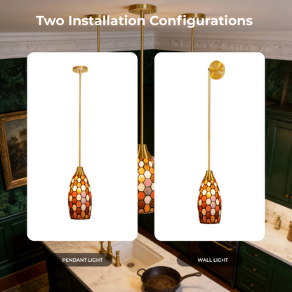 Amber Red Tiffany-Style Teardrop Pendant Light | Honeycomb Mosaic Metal Shade | Gold Base | E26 Max 60W | Vintage Warm Dining Room Lamp