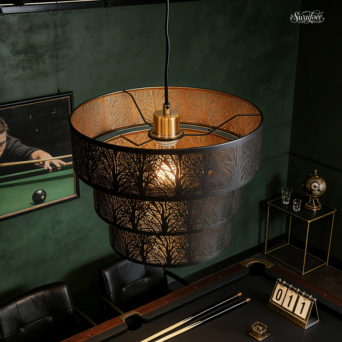 3-Tier Drum Pendant Light | Black Gold Forest Tree Branch Hollow-Out Metal Shade | Multi-Ceiling Compatible | E26 Max 60W | Modern Boho Chandelier