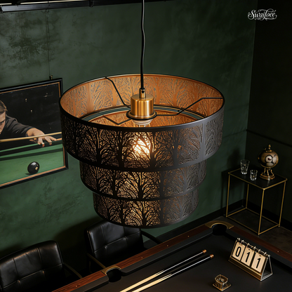 3-Tier Drum Pendant Light | Black Gold Forest Tree Branch Hollow-Out Metal Shade | Multi-Ceiling Compatible | E26 Max 60W | Modern Boho Chandelier