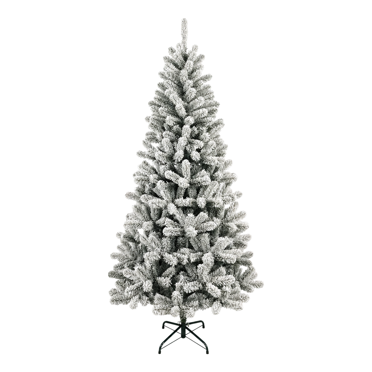 Full white flocked artificial Christmas tree with dense snow-covered branches and a dark metal support stand, isolated against a clean white background.
复制 Alt Text