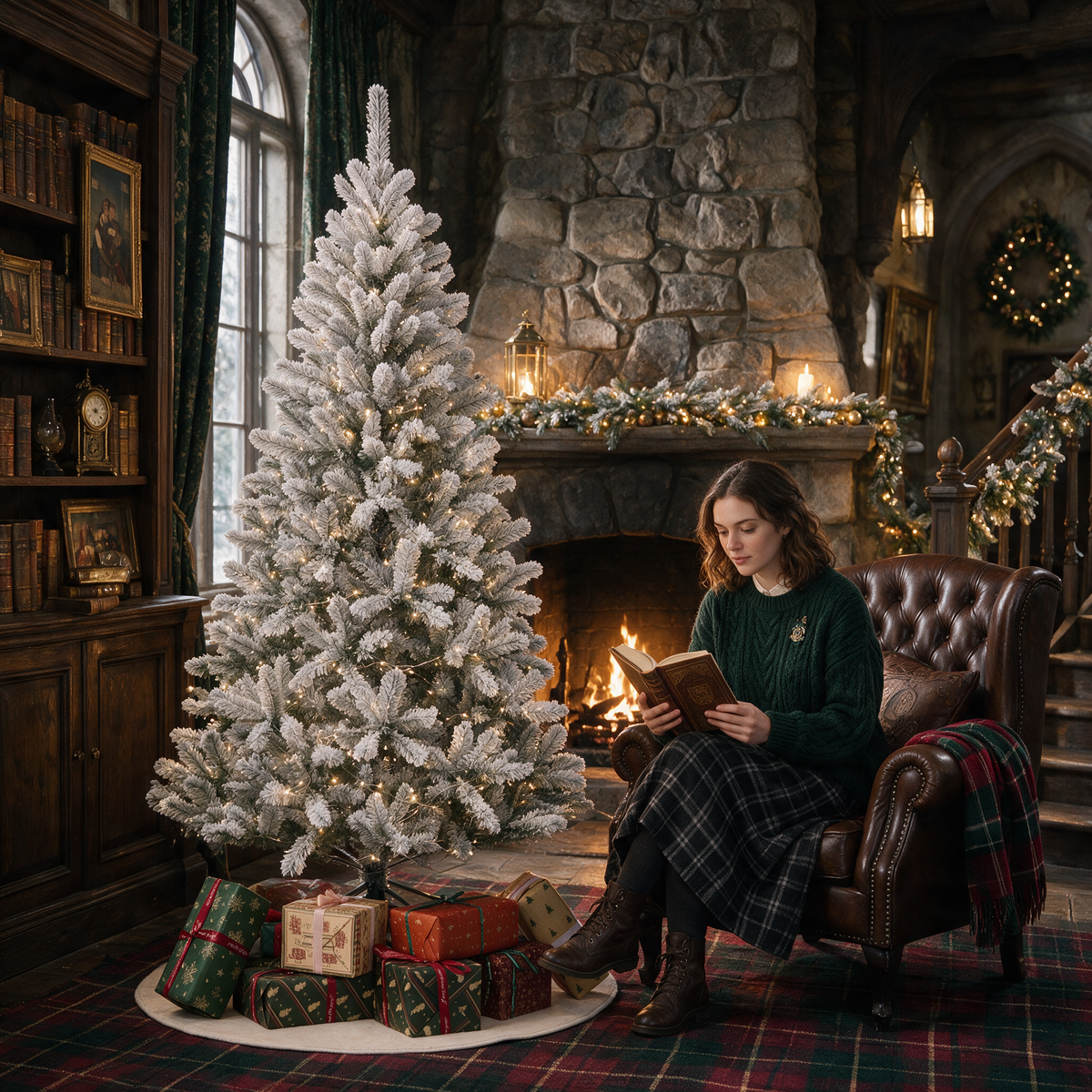 White flocked artificial Christmas tree with warm lights and wrapped gifts beside a stone fireplace in a vintage library living room, with a woman reading in a leather armchair.