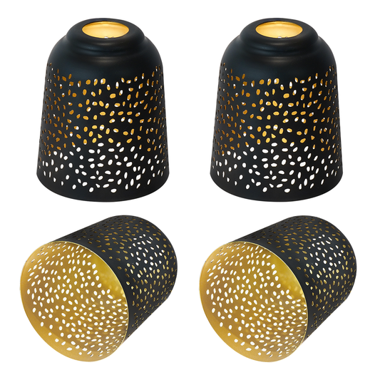 Set of 4 chandelier clip shades in black and antique brass perforated metal design for warm ambient lighting