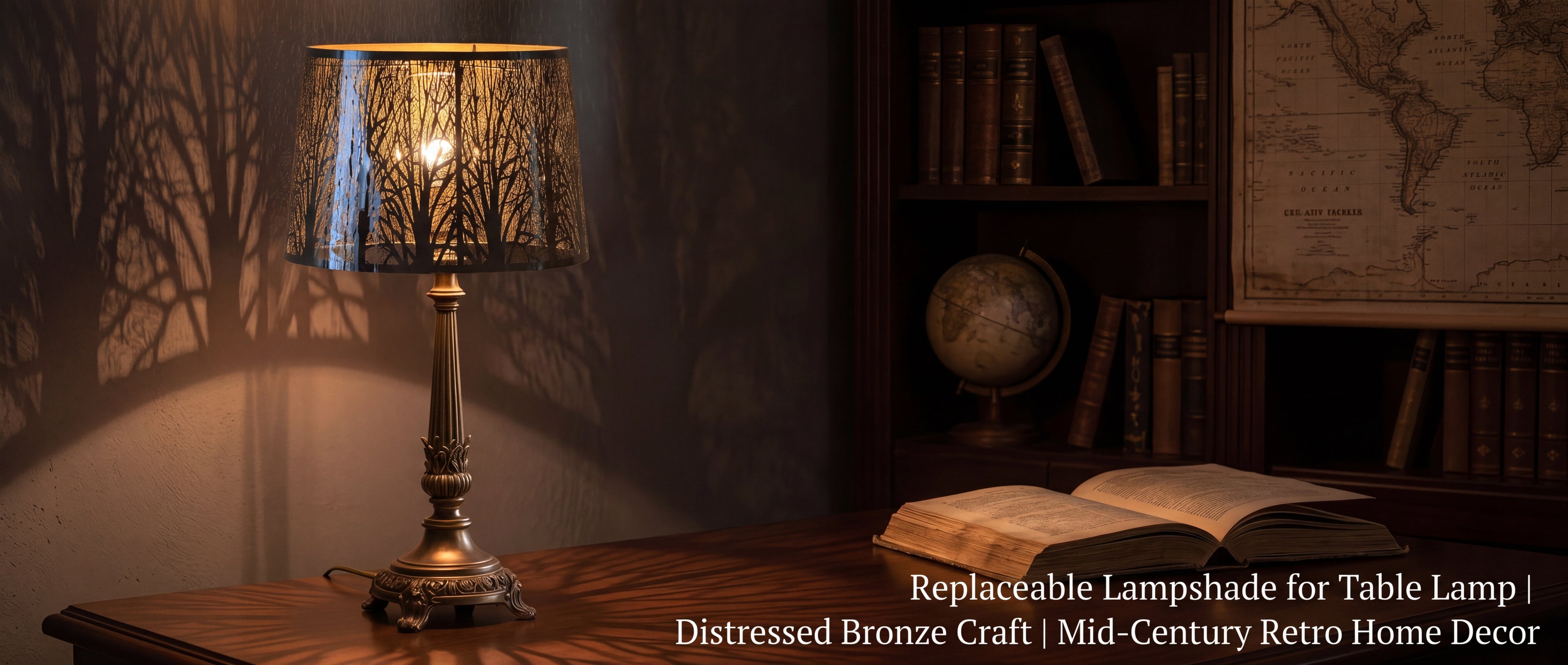 Chrome forest metal lampshade replaceable lampshade for table lamp with distressed bronze craft, mid-century retro home decor, black chrome stainless steel exterior with warm gold interior and intricate forest tree branch laser cut etched pattern casting soft warm tree shadow projection on textured plaster wall and dark wood grain desk table surface, elegant classic vintage brass table lamp base with ornate floral leaf carving, vintage study office interior with leather bound books brass globe antique old w