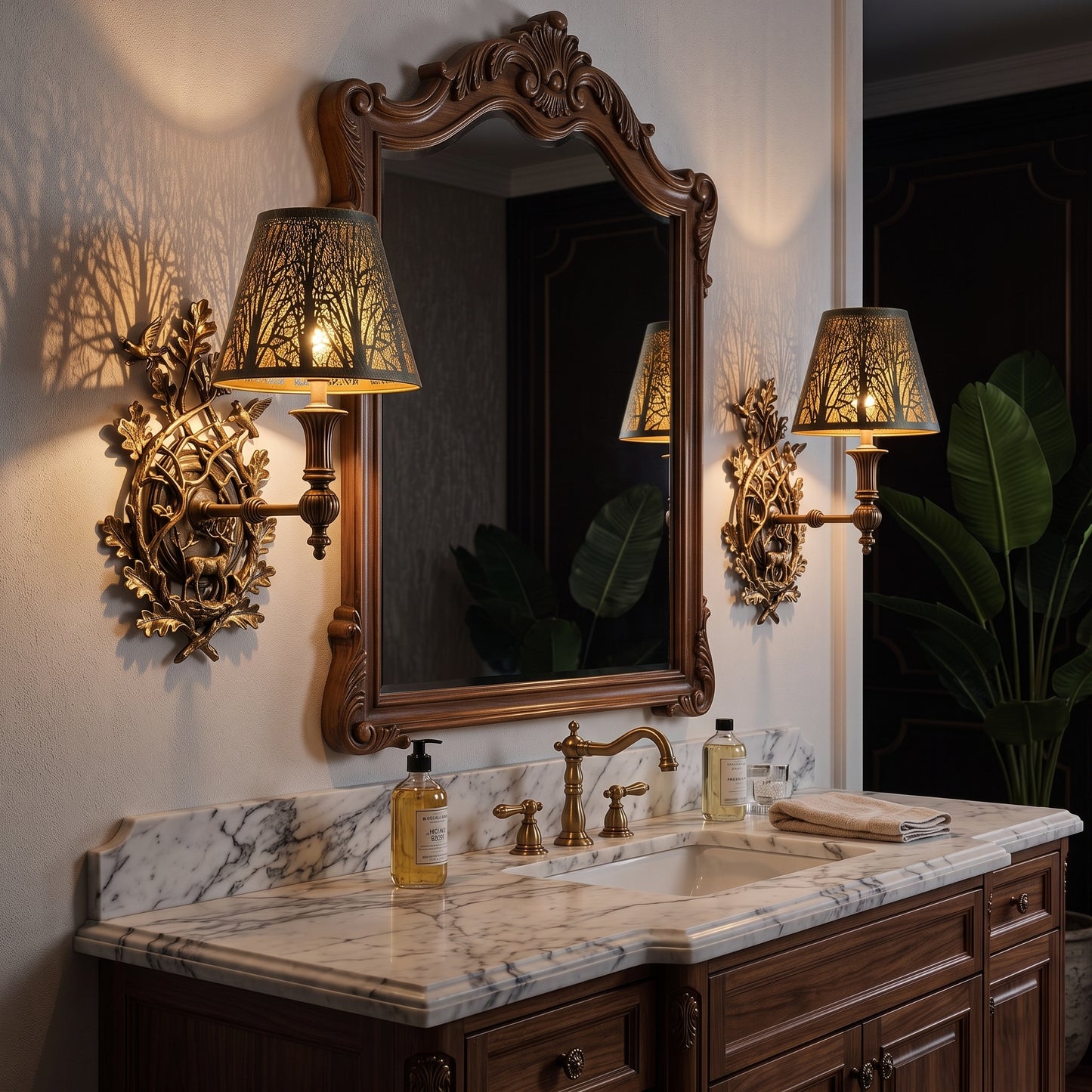 Pair of small decorative metal lamp shades for wall sconces beside a classic bathroom mirror with warm ambient lighting.