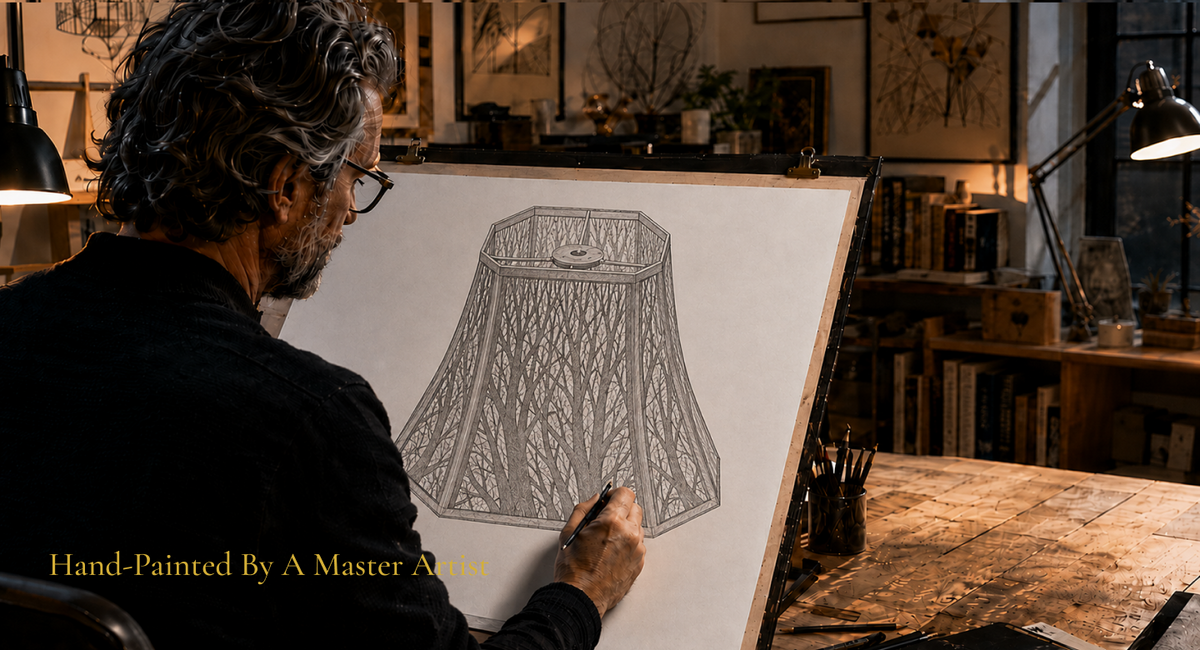 Artisan design sketch of a square cut corner bell lampshade featuring an intricate etched tree pattern