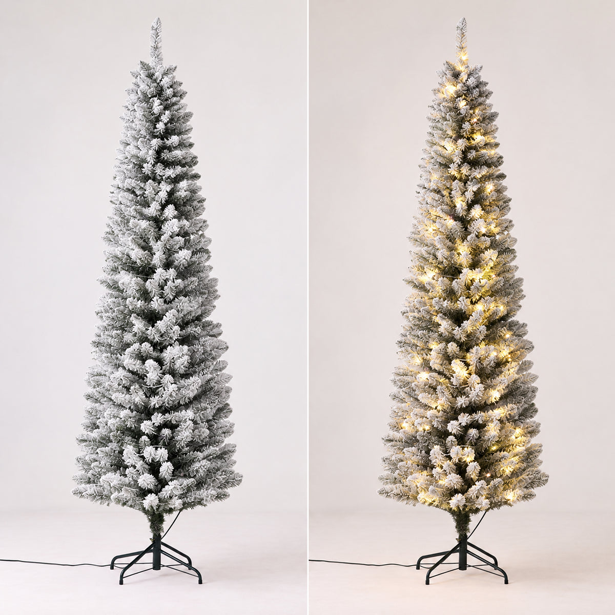 Side-by-side comparison of a snow-flocked pencil Christmas tree with LED lights switched off and warm lights illuminated.