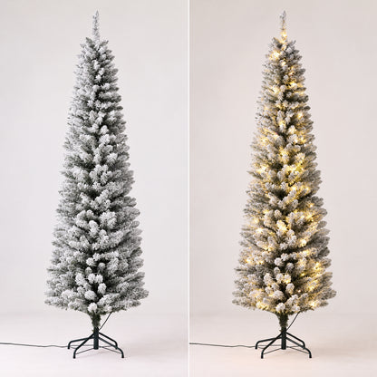 Side-by-side comparison of a snow-flocked pencil Christmas tree with LED lights switched off and warm lights illuminated.