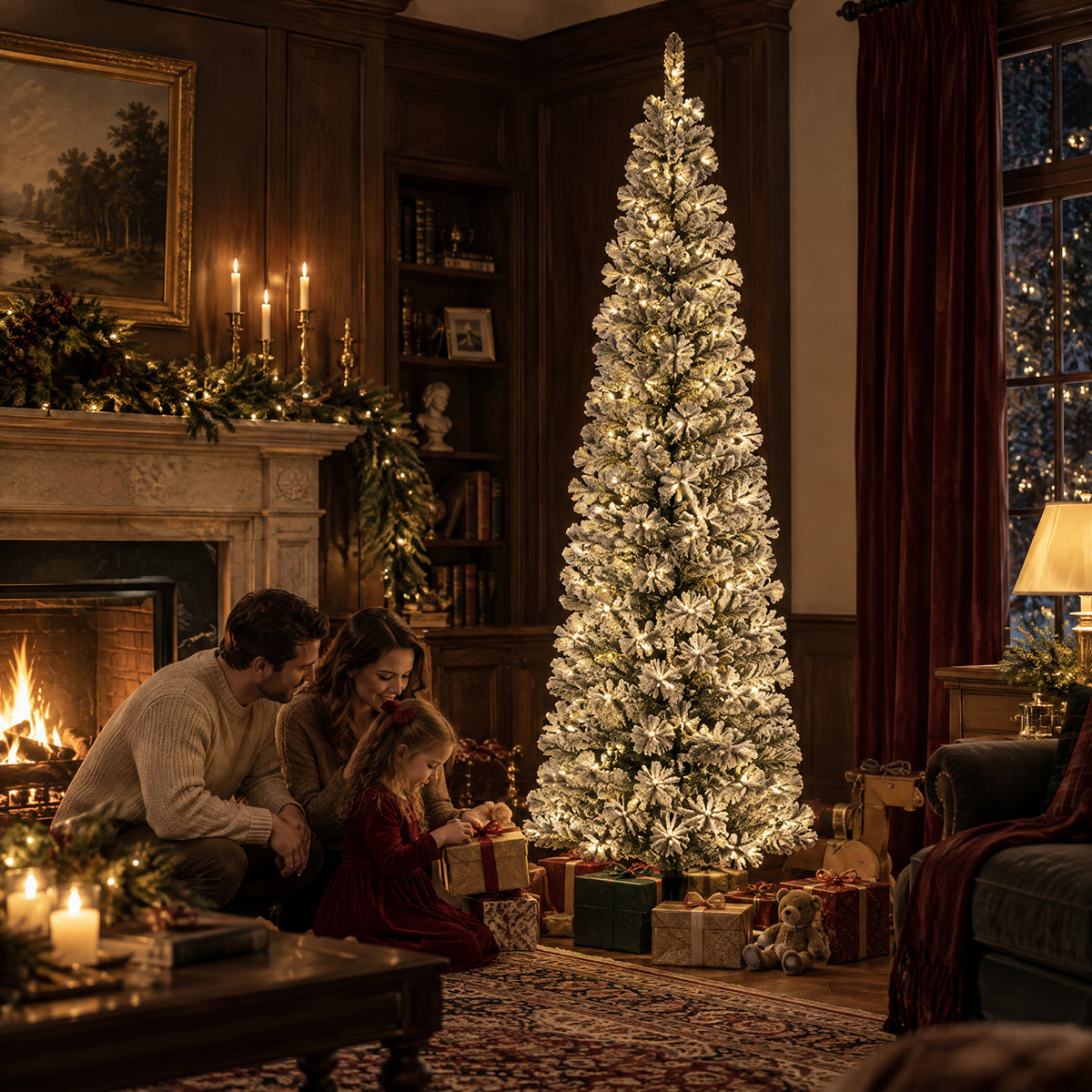 Illuminated snow-flocked artificial Christmas tree beside wrapped holiday gifts as a family celebrates Christmas in a traditional living room with a fireplace.