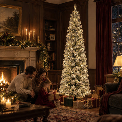 Illuminated snow-flocked artificial Christmas tree beside wrapped holiday gifts as a family celebrates Christmas in a traditional living room with a fireplace.