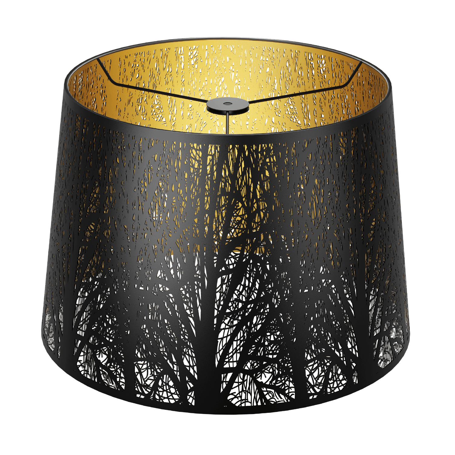 A drum-shaped lampshade with detailed etched tree patterns, predominantly black in color with a gold interior.
