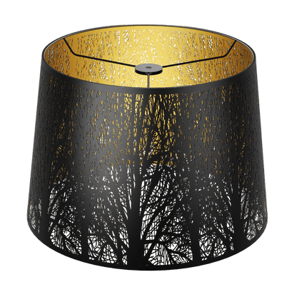 A drum-shaped lampshade with detailed etched tree patterns, predominantly black in color with a gold interior.