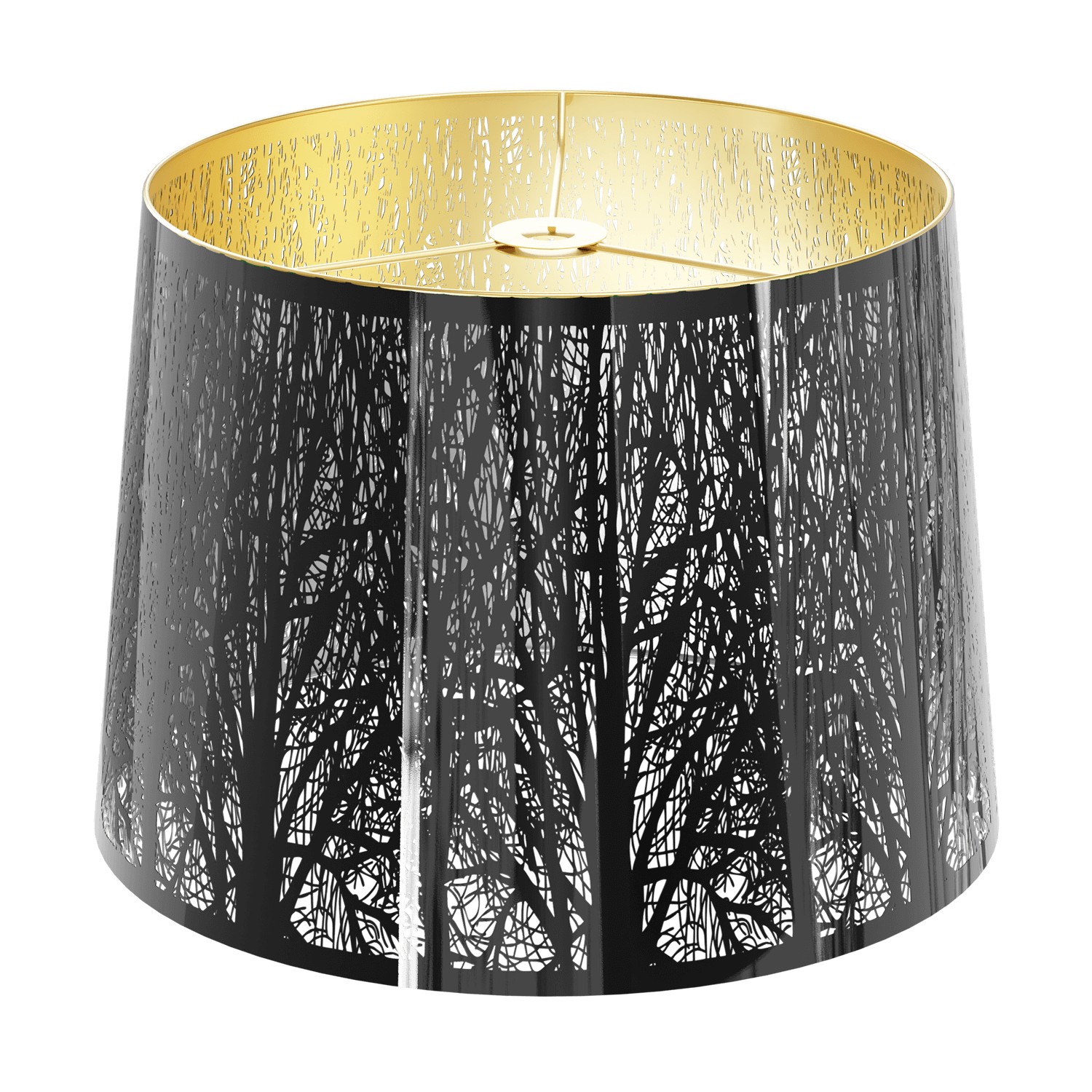 A black chrome metal lampshade with a gold interior, designed for use with spider fitters.