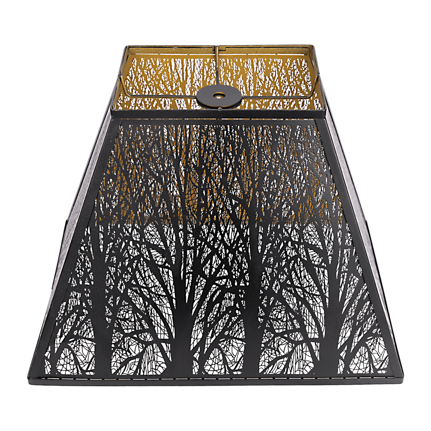 A pyramid-shaped metal lamp shade with black and gold etched forest details.