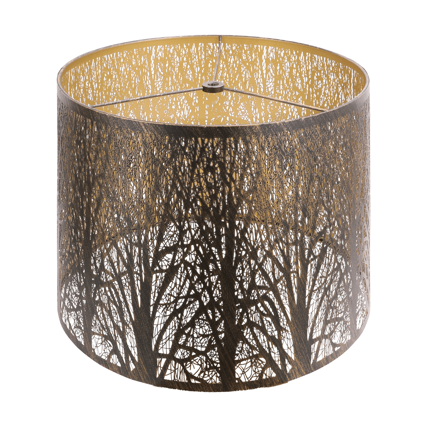 A cylindrical metal lampshade with a geometric forest pattern, predominantly in brown tones.